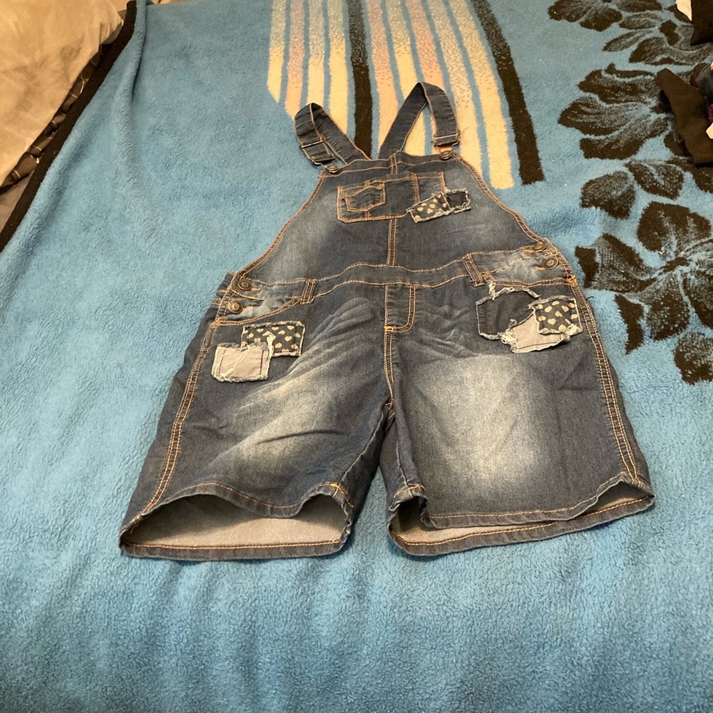 Patchwork denim overall shorts